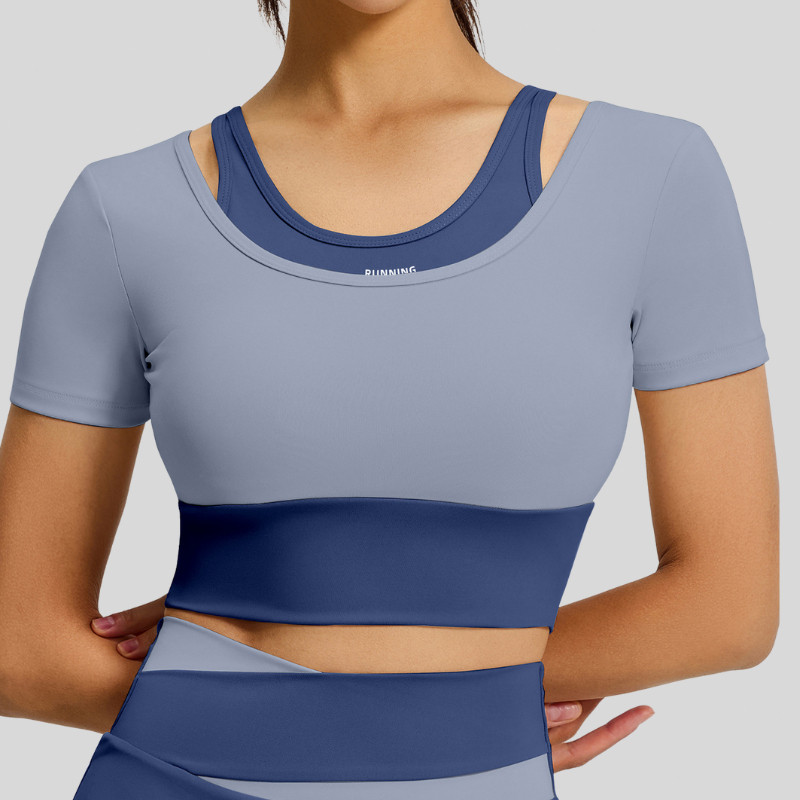 เสื้อออกกำลังกายผู้หญิง โยคะแขนสั้น เสื้อบราแขนสั้น แบบ 2 ชั้น สีทูโทน Sport Yoga Clothing Women Lady รูปที่ 3