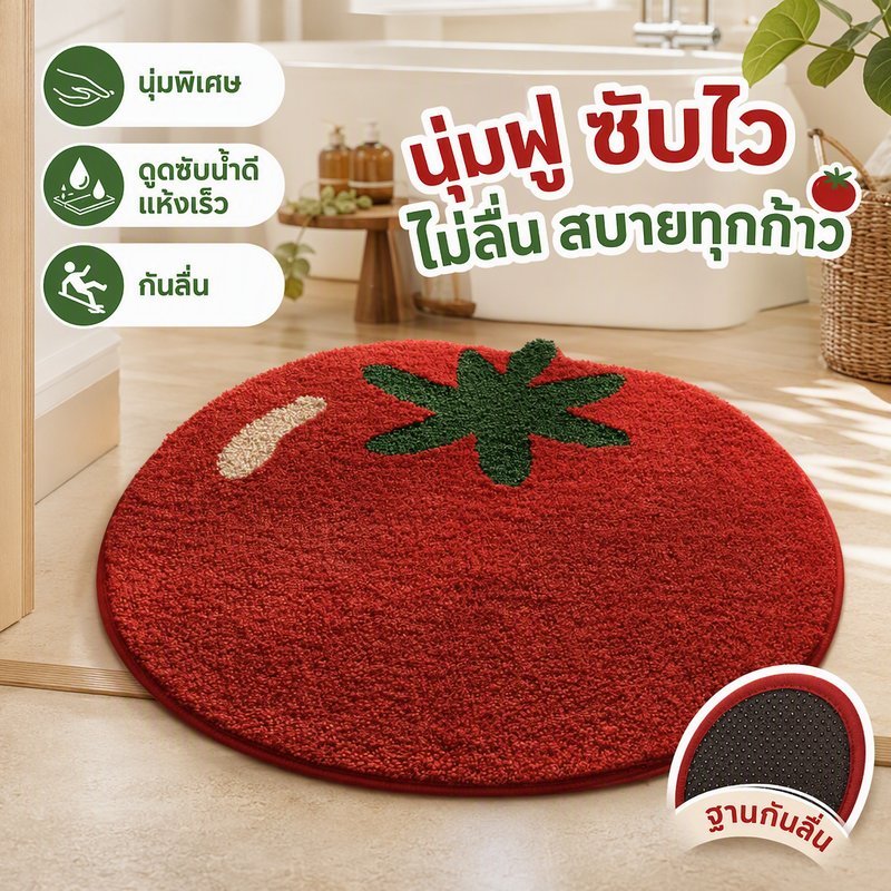 พรมเช็ดเท้าห้องน้ำ ลายมะเขือเทศ นุ่มหนา แคชเมียร์เทียม ซับน้ำดี แห้งเร็ว กันลื่น ซักเครื่องได้
