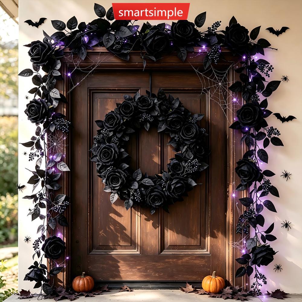SMARTSIMPLE ประดิษฐ์ Black Rose Vine เหมือนจริงจําลองหวายปลอมใบ Gothic ฮาโลวีน Garland Home Party ฉา