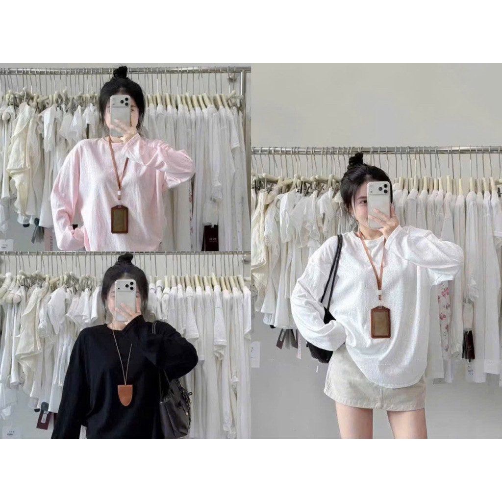 A672- เสื้อยืดกระดาษแขนยาวคอมโบ 3 ตัว สีดํา-ชมพู-ขาว แฟชั่นสตรี Mai Linh