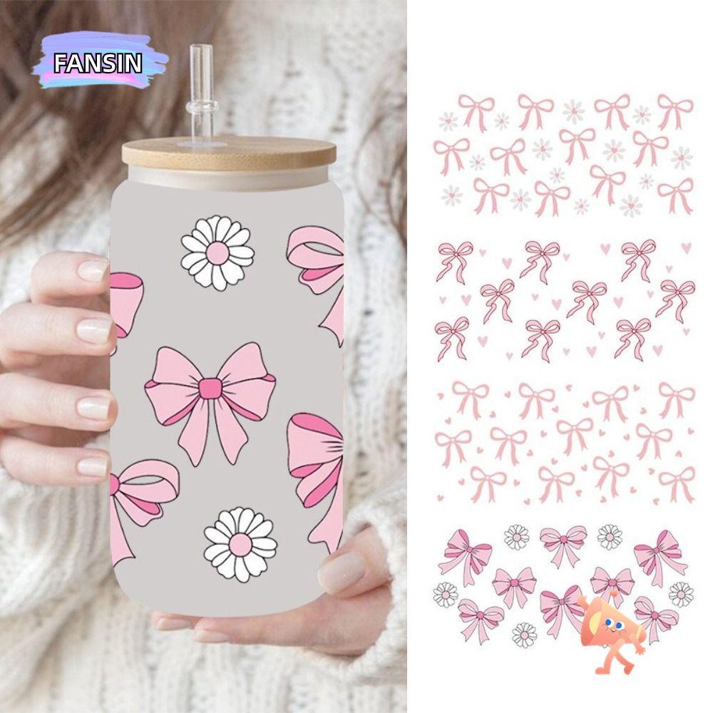 FANSIN Wrap Stickers, Waterproof UV DTF Transfer Stickers, Smooth Pink Bow Decals สําหรับถ้วยแก้ว 16