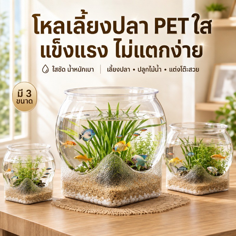 ตู้ปลา โหลปลากัด อควาเรียมพลาสติกใส PET กันกระแทก เลี้ยงปลา ปลูกพืชน้ำ ตั้งโต๊ะ แต่งร้าน