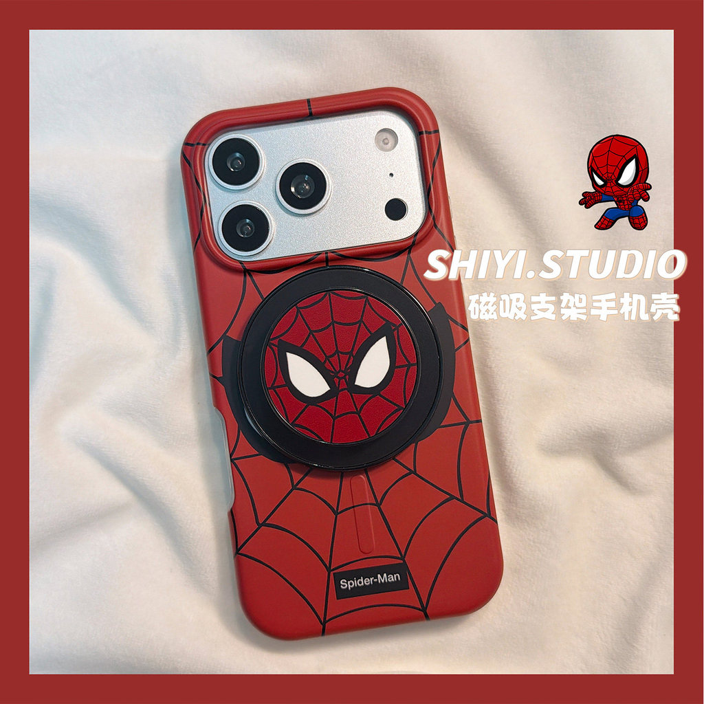 Creative Retro พื้นหลังสีแดง Spider-Man ขาตั้งแม่เหล็ก 2-in-1 ฟิล์ม-พิมพ์กันกระแทกสําหรับ iPhone 17 Pro Max 17 Pro 17 16 Pro Max 16 15 Pro การ์ตูนสําหรับผู้หญิง