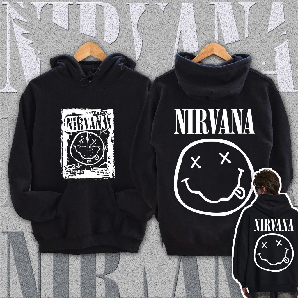 เสื้อฮู้ดสำหรับแฟนคลับวง Nirvana พิมพ์ลายคลาสสิกของวง สามารถใส่ได้สองด้าน เหมาะสำหรับแฟนเพลงร็อค ใส่ได้ทั้งชายและหญิง