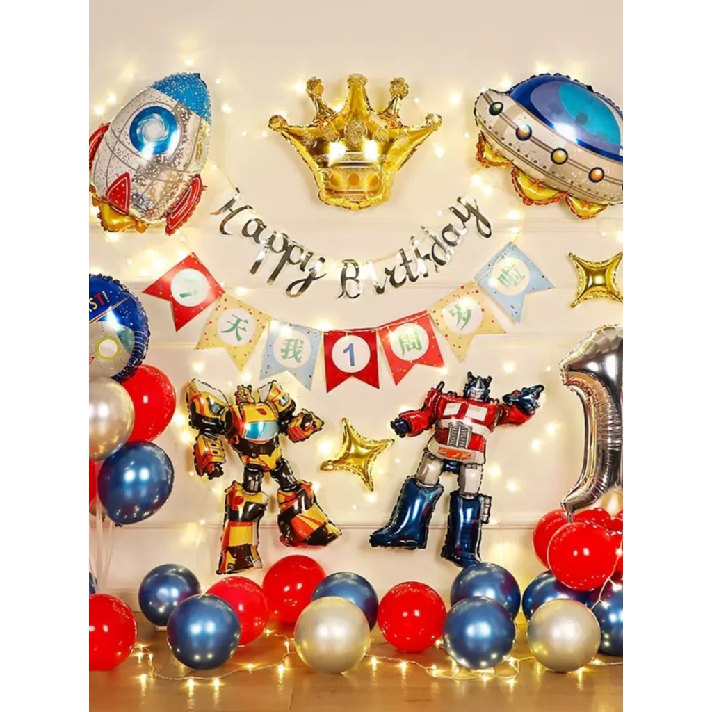 Transformers Bumblebee Theme Boy Baby Birthday First Birthday Party บอลลูนพื้นหลังฉากผนังตกแต่ง
