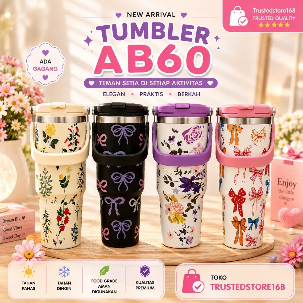 KT168 Tumbler AB60 900ml 2 วิธีดื่ม SUS 304 Ribbon Flower Motif ทนความร้อนและเย็น