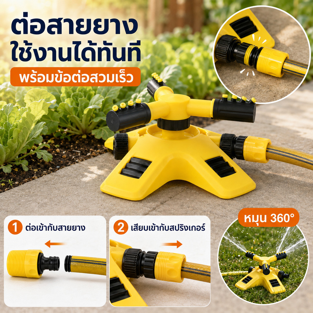 หัวฉีดน้ำสนามหญ้า สปริงเกอร์หมุนอัตโนมัติ 360° รดน้ำรอบทิศทาง 12 หัวฉีด สำหรับสวนดอกไม้ แปลงผัก