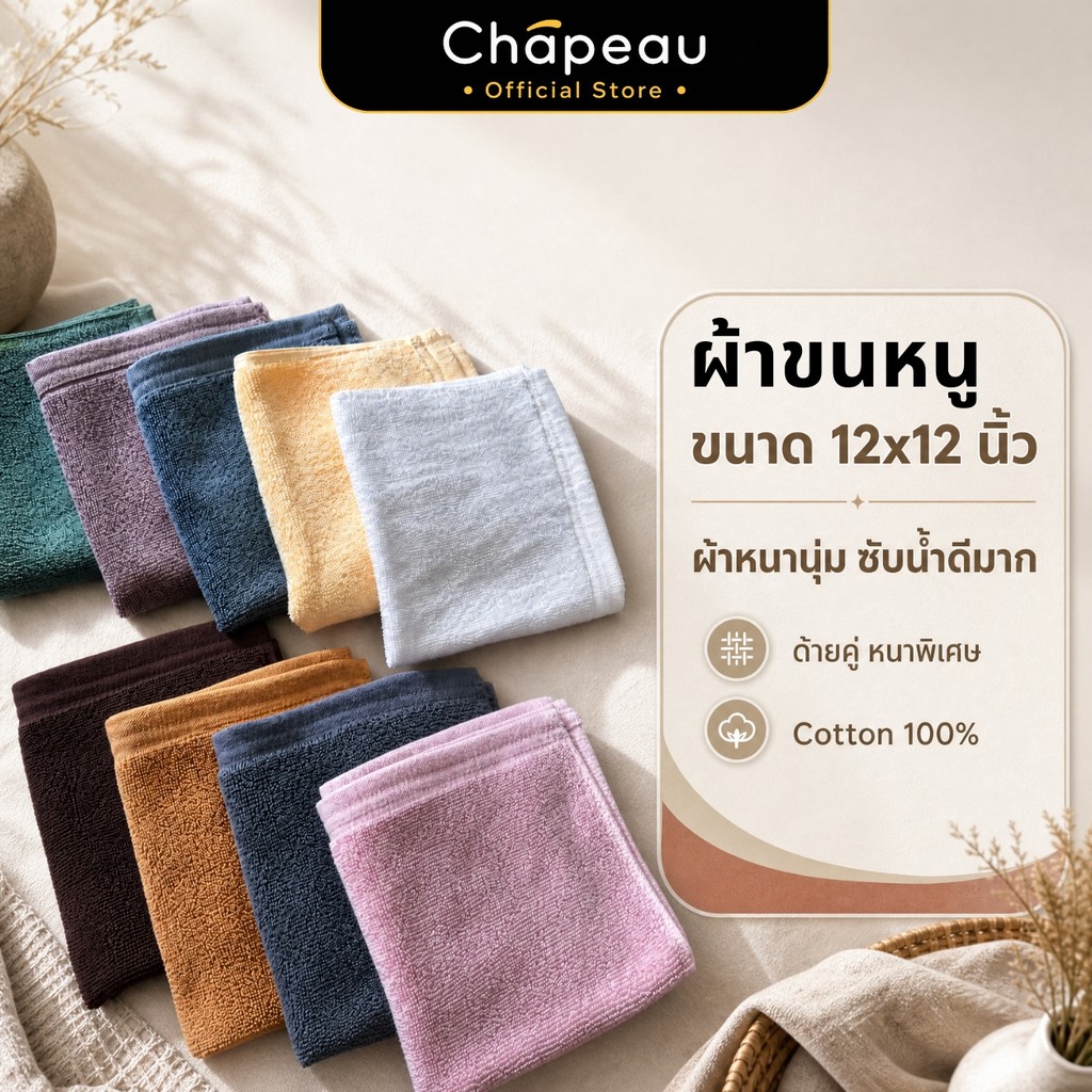 ผ้าเช็ดหน้าคอตตอน 100% เกรดพรีเมียม โรงแรม 5 ดาว ทอด้ายคู่ Double Loop เนื้อหนานุ่ม ฟูแน่น ซับน้ำไว 