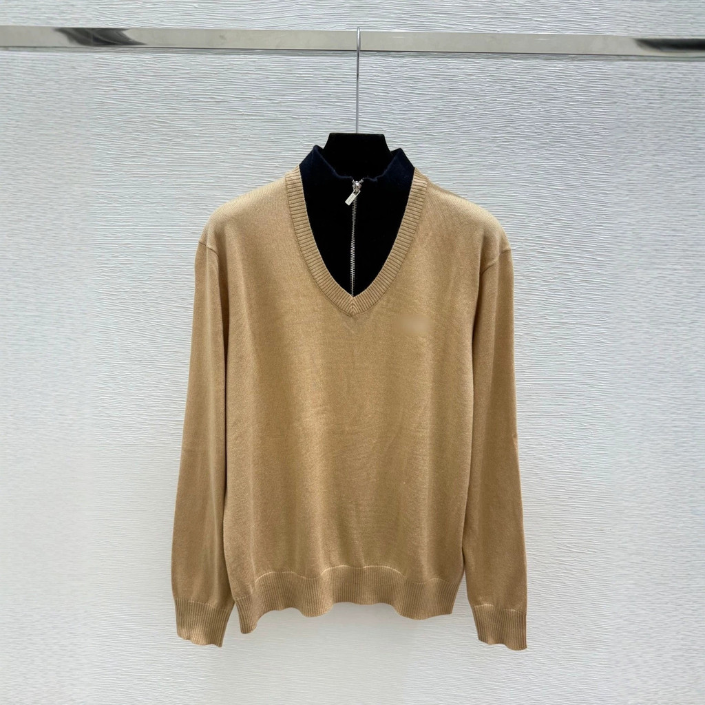 9EQ6 MIUM ** ต้นฤดูใบไม้ร่วง Contrast สีรอบคอถักแขนยาวลําลอง All-Match Top