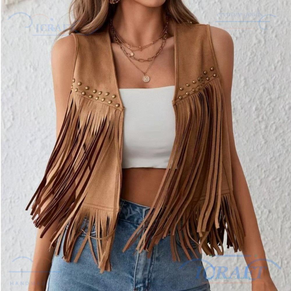 CRAFT Fringed Vest, เปิดด้านหน้าสีดํา/สีน้ําตาล Western Jacket, แฟชั่น Rivet Detailing Retro Suede V
