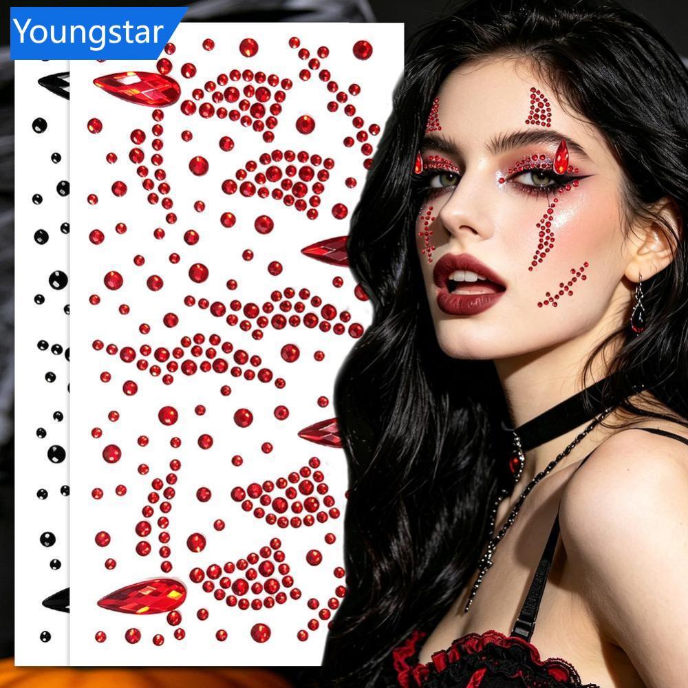 FYY ฮาโลวีน Face Rhinestone สติกเกอร์สีแดงสีดํา Spider Web Cross Scar Gem Decals 3D ประกายคริสตัล Ta