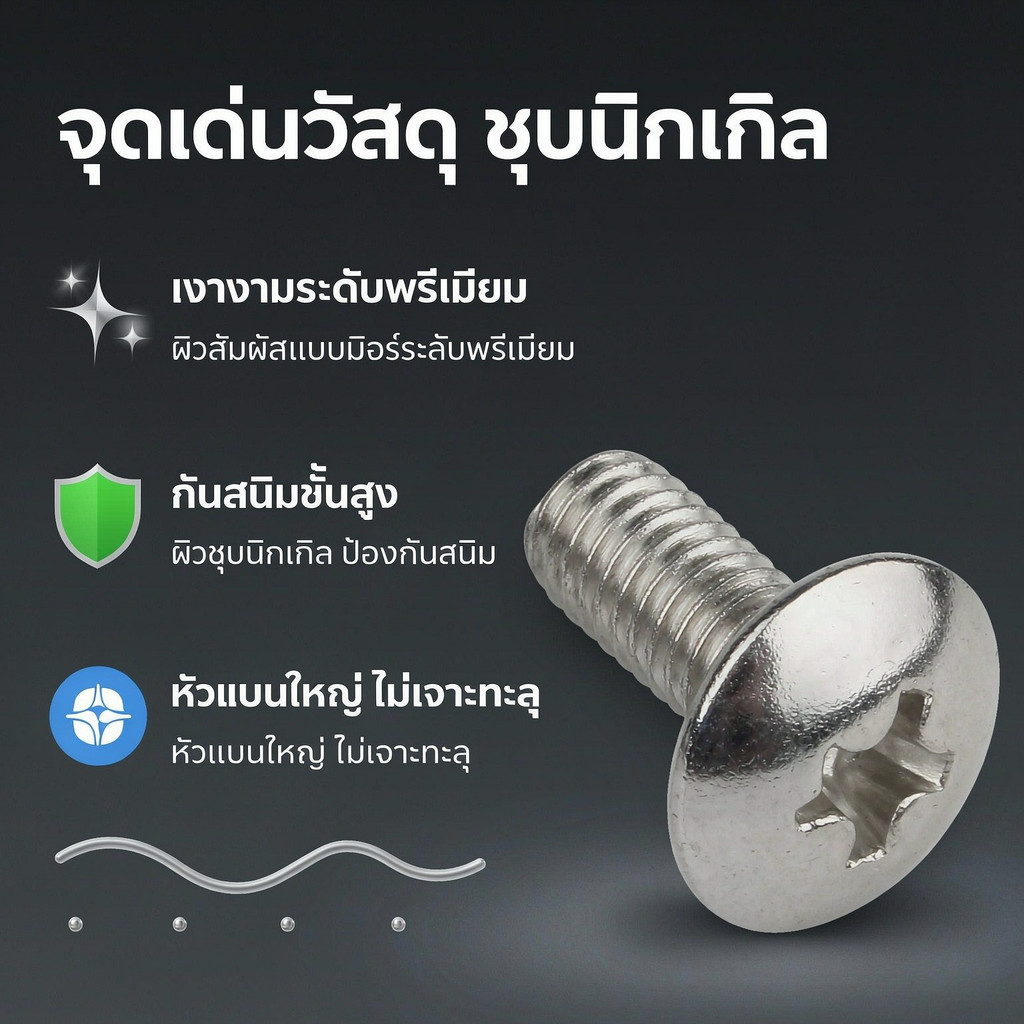 ชุบนิกเกิล น็อตหัวกระทะ JT+ แฉก สแตนเลส 304 M2 M2.5 M3 M4 M5 M6 M8 M10 Truss Head Machine Screw SUS3