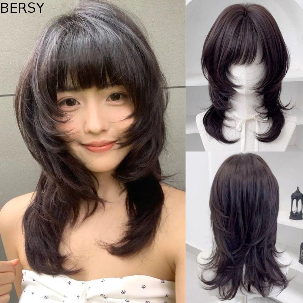 BESY แมงกะพรุนวิกผม Bangs, สังเคราะห์ธรรมชาติขนาดกลางตรง Layered วิกผม,ผมปลอม Hairpiece Wolf Cut Mul
