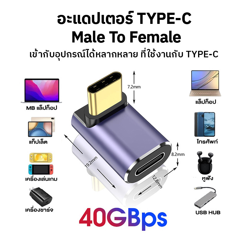 อะแดปเตอร์ Type-C มุม90 องศาชายหญิง USB C 40Gbps รองรับการชาร์จเร็ว100W,USB 4.0,8K@60Hz เข้ากันได้กับโทรศัพท์และแล็ปท็อป