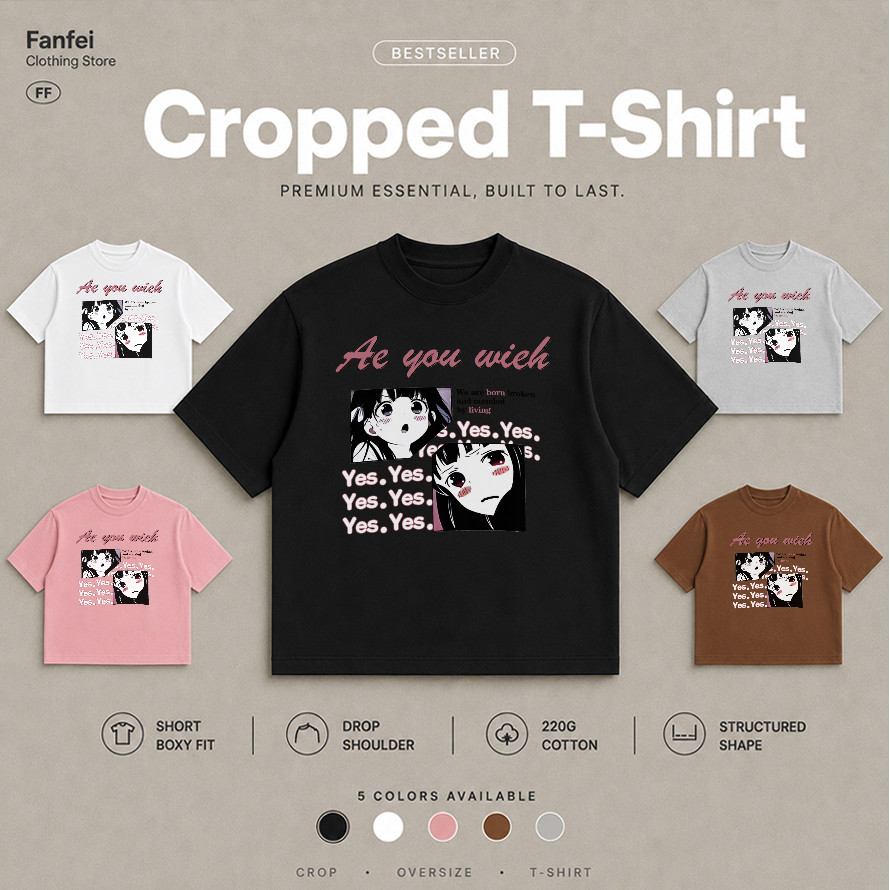 COD Fanfei boxy Cropped T เสื้อยืดดำพิมพ์ Are you wish และการ์ตูน YES YES ทรงสั้นลำลอง
