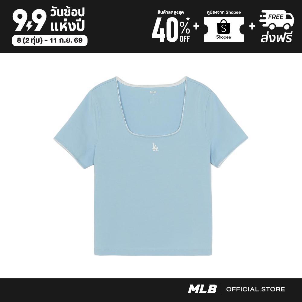 MLB เสื้อยืด ผู้หญิง Basic Lace Square Neck Slim Semi Crop T-Shirts รุ่น 3FTSB5263 07BLM สีฟ้า