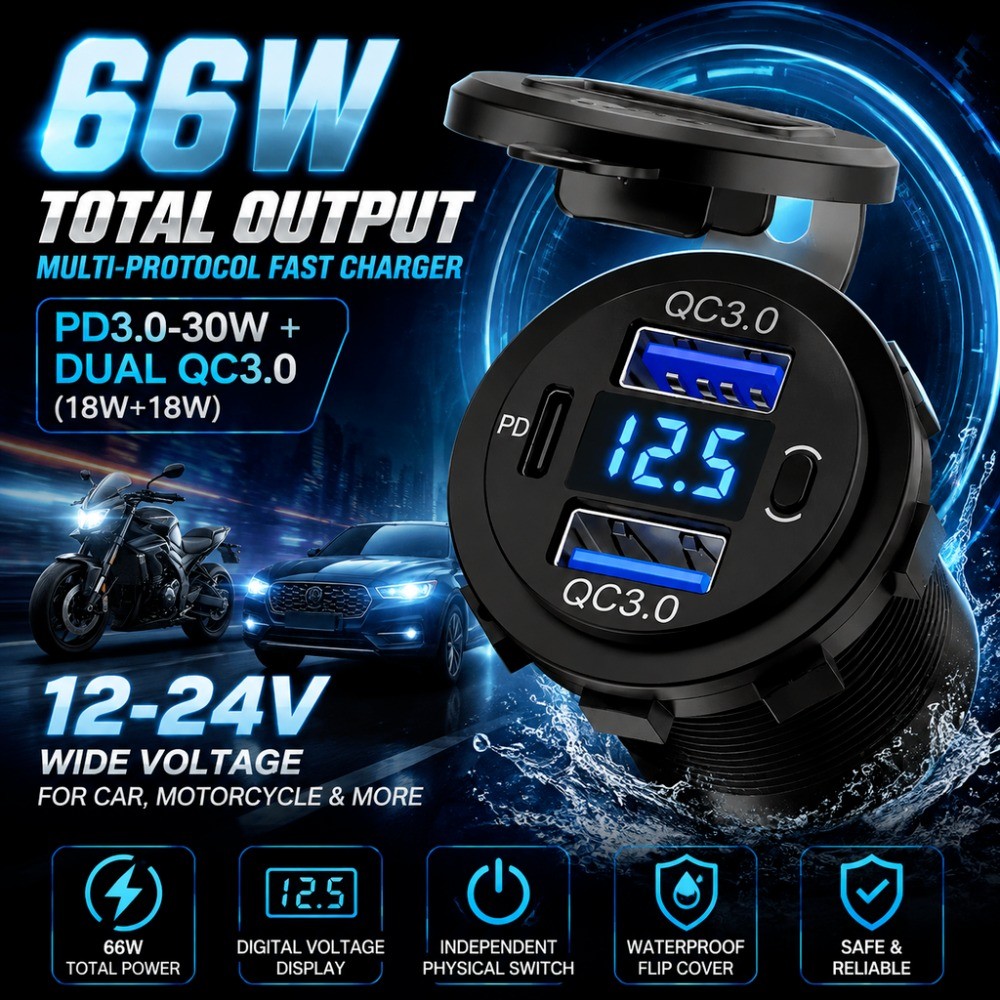 66W ฝัง Fast Car Charger PD Dual QC3.0, สวิตช์เปิด-ปิดอิสระโวลต์มิเตอร์แบบดิจิตอล 12-24V Moto Car