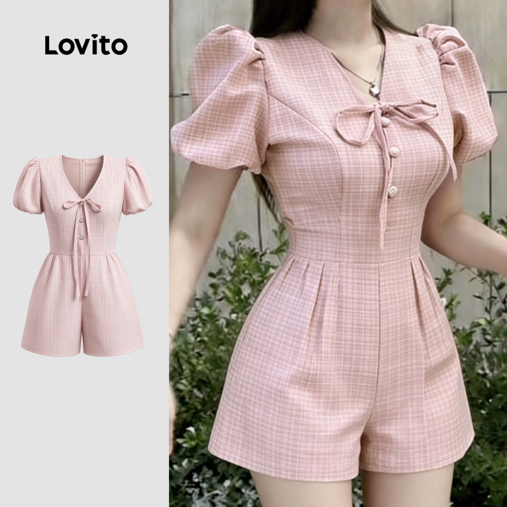 (New Arrival) Lovito ชุดจั๊มสูทสีชมพูสําหรับฤดูร้อนแบบลําลอง มีโบว์และแพทเทิร์นเก๋ไก๋ L198ED3170