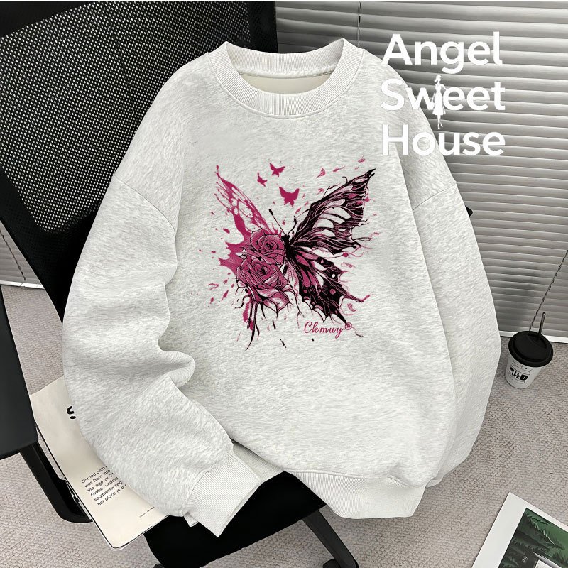 (จัดส่งตลอด 24 ชั่วโมง）Angel Official oversize ทันสมัย เสื้อคอกลม พลัสไซส์ เกาหลี เสื้อแขนยาว หลวม เ