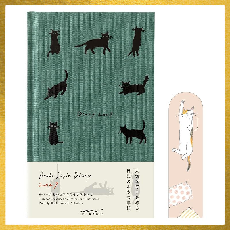 MIDORI Book-Style Diary Planner 2027, B6 Slim, Weekly, Cat Design, Limited Edition, with Bookmark, G