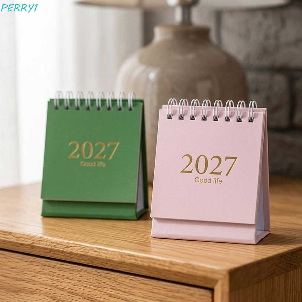 PERRY 2027 ปฏิทินตั้งโต๊ะขนาดเล็ก, พร้อมสติกเกอร์หนากระดาษฟอยล์ทองปฏิทินเกลียว, Minimalist Daily Sch