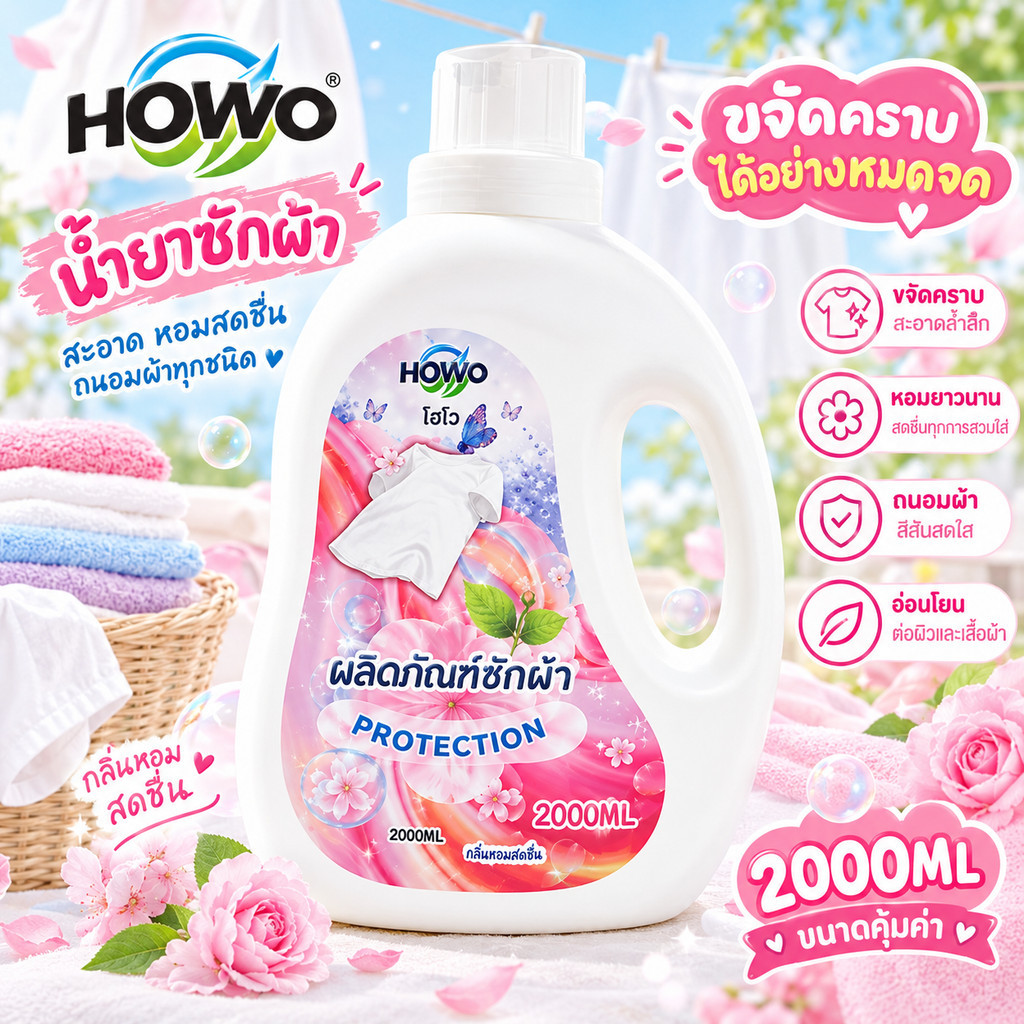 HOWO น้ำยาซักผ้า 2,000 มล.  ขจัดคราบลึก  หอมละมุน ติดผ้านาน