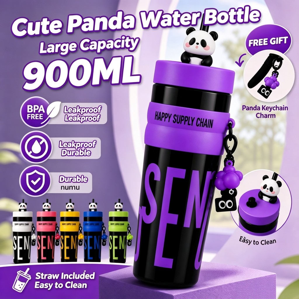 แก้วน้ำกีฬาขนาด 900 มล. ปลอดสาร BPA พร้อมหลอดดูด แถมฟรีจี้รูปแพนด้า 3 มิติ และสายคล้องคอ ป้องกันการรั่วซึม