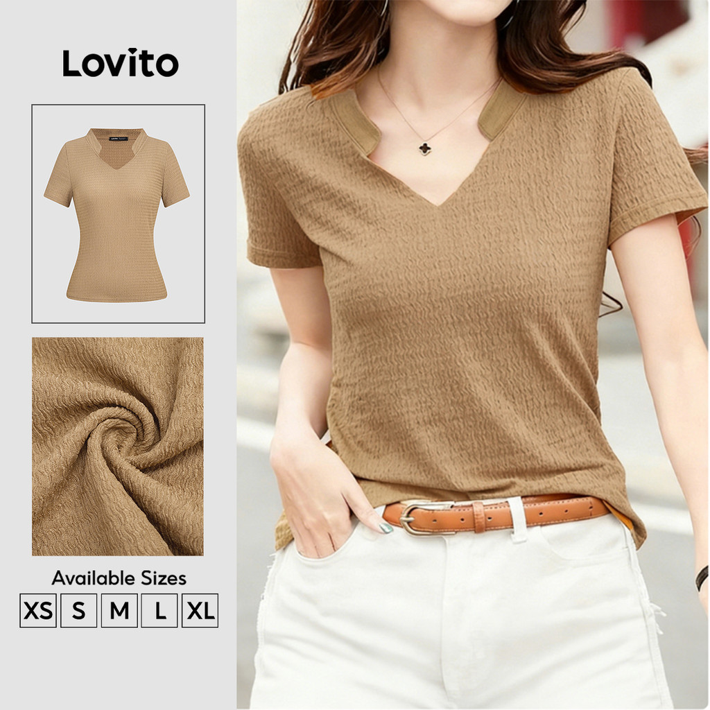 Lovito เสื้อยืดลําลองผู้หญิง แขนสั้น ขอบระบาย สําหรับฤดูใบไม้ผลิและฤดูร้อน สีคากี L189ED025