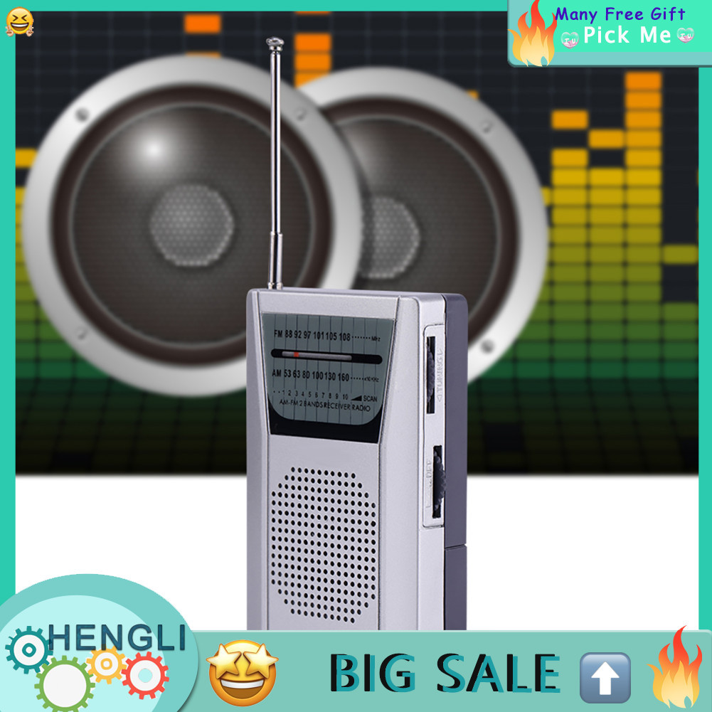 hengli Universal Mini วิทยุแบบพกพา FM/AM World Receiver ลำโพงในตัว Silver