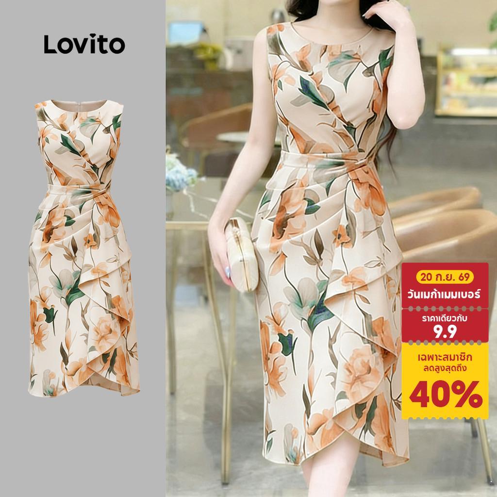 Lovito เดรสผู้หญิงทรงไม่สมมาตรลายระบายสําหรับใส่ลําลองฤดูใบไม้ผลิ/ฤดูร้อน L196ED941