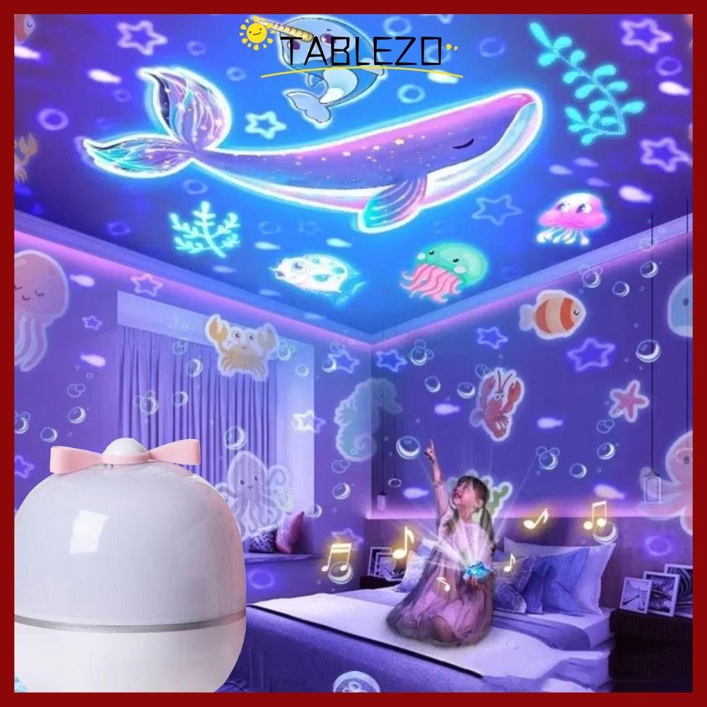 TABLEZO โคมไฟดาวสําหรับเด็ก 360° หมุน นํา ดาวโคมไฟโปรเจคเตอร์,บลูทูธ ยูเอสบี 6 รูปแบบฟิล์มไฟกลางคืนดาวพร้อมเพลงเด็กของขวัญ