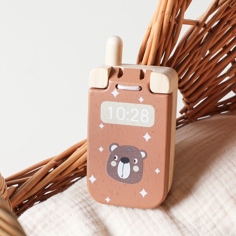 New Wooden Bear Flip Button Phone Toy Baby Cognitive Phone Model Fun Educational Toy