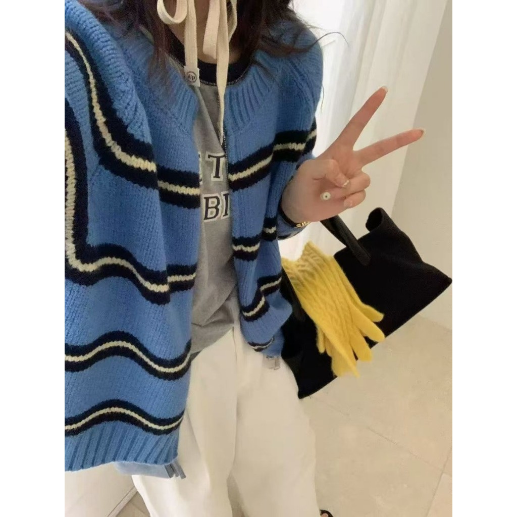 เสื้อคาร์ดิแกนถักซิปสองชั้น แขนยาวหลวม เหมาะสำหรับฤดูหนาวและใบไม้ร่วง