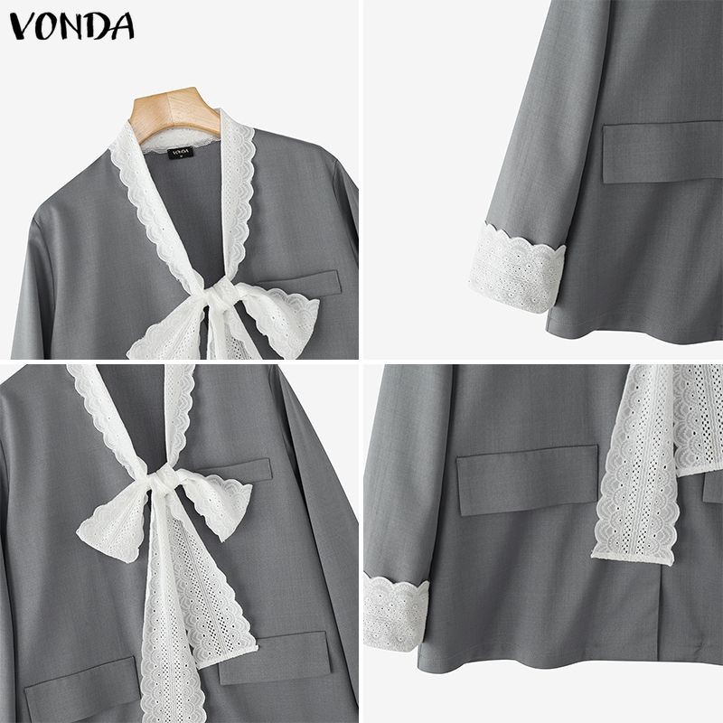 VONDA بليزر نسائي كوري بياقة V ودانتيل — صورة 8