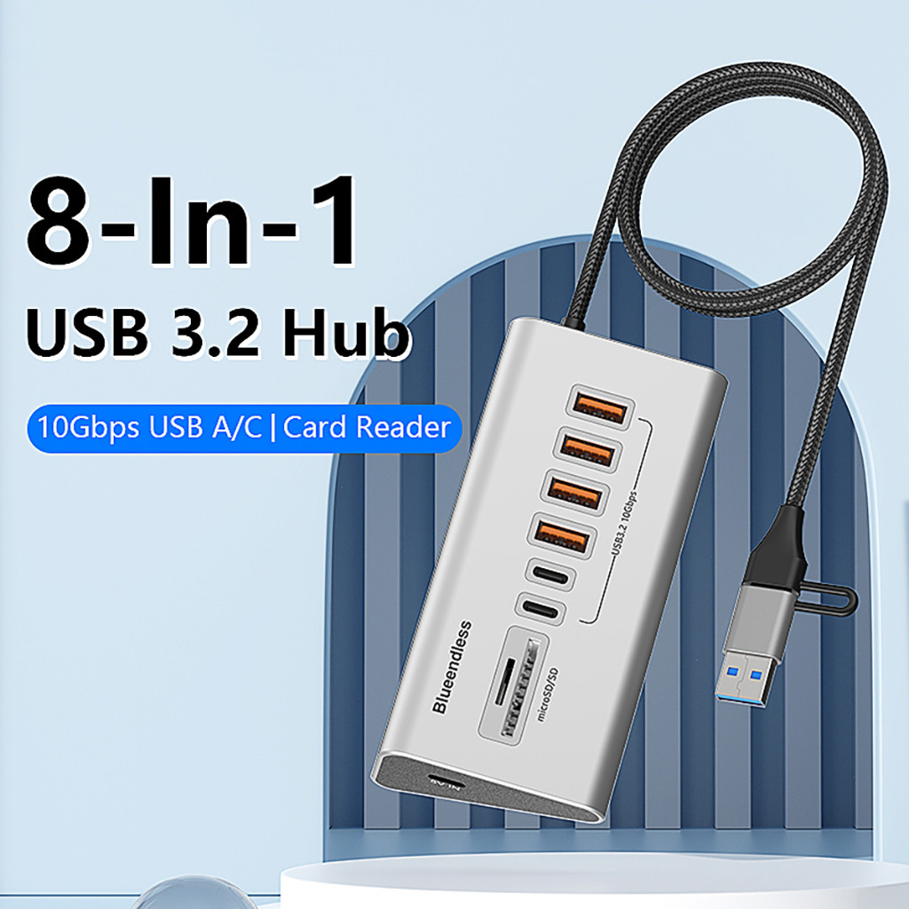 JMT 8-in-1USB 3.2 HUB 10Gbps Data Transfer อลูมิเนียม USB Docking Station USB Splitter พร้อม Card Reader สําหรับ PC แล็ปท็อป Macbook