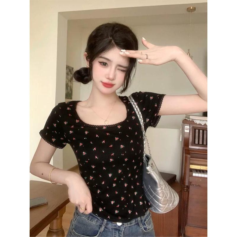 ฤดูร้อนหวานลูกไม้สลิมฟิตดอกไม้เสื้อยืดแขนสั้นผู้หญิงสไตล์เกาหลีเฉพาะคอสี่เหลี่ยมดีไซน์สลิมเก๋ไก๋ด้านบน
