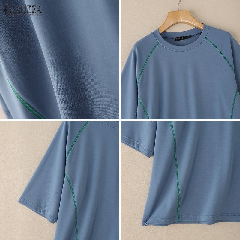 ZANZEA เสื้อยืดหลวมแขนสามส่วนสไตล์คอลูกเรือ สำหรับสตรี ราคา ถูกที่สุด ดีลบีเคเค แกลเลอรีภาพที่ 9