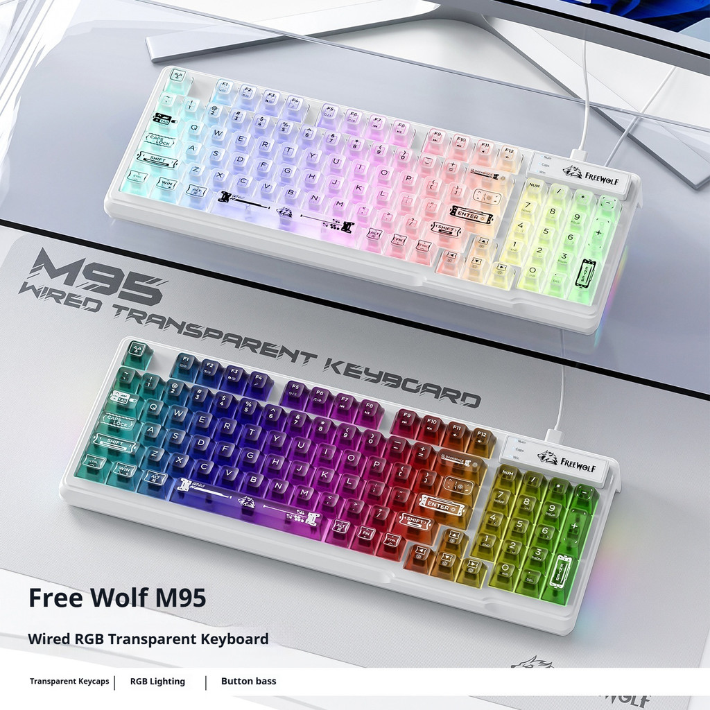 FREEWOLF M95 คีย์บอร์ดโปร่งใสที่กําหนดเองแบบมีสาย RGB Gaming Esports Mechanical Feel Office Keyboard