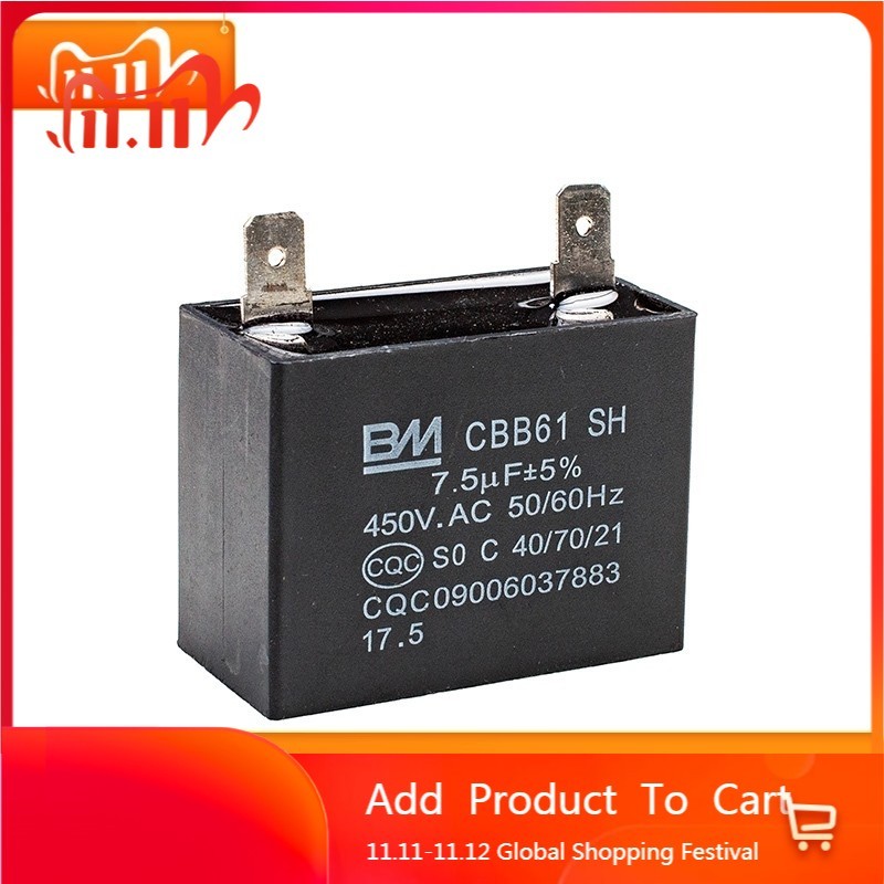 XZ BM 7.5uF 450V AC 2-Terminal 2Pin CBB61 สําหรับมอเตอร์พัดลม Mini Split Capacitor