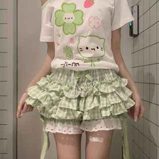 กระโปรงแฟชั่นเกาหลี สไตล์น่ารัก สีเขียวและขาว มีโบว์ที่เอว แ…
