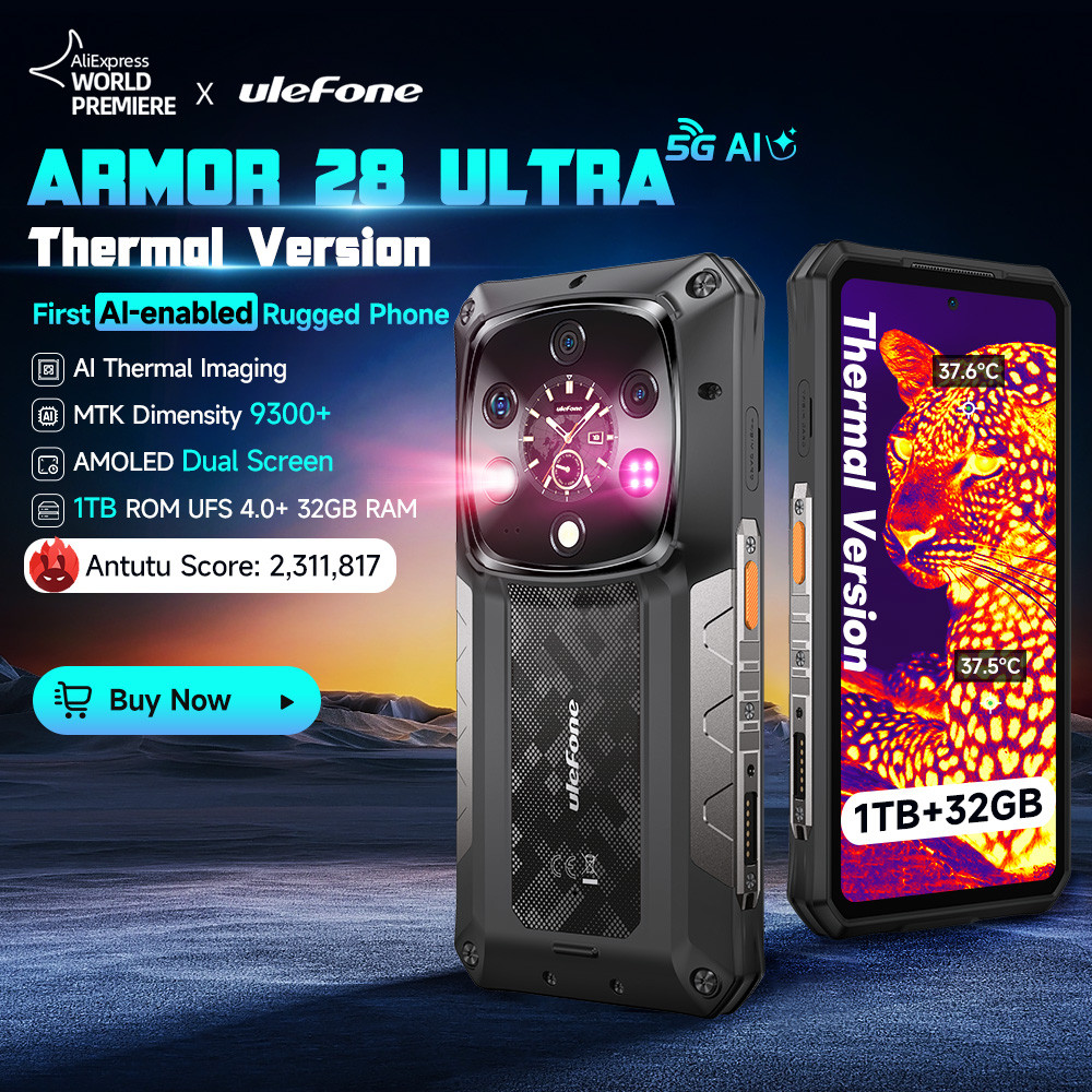 Ulefone Armor 28 Ultra 5G AI การถ่ายภาพความร้อนโทรศัพท์ที่ทนทานขนาด 9300 + 1TB ROM 32GB RAM สมาร์ทโฟ