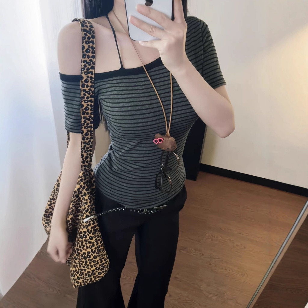 【WJZ】เสื้อยืดแขนสั้นลายทางสไตล์เกาหลีสำหรับสตรี【P91】