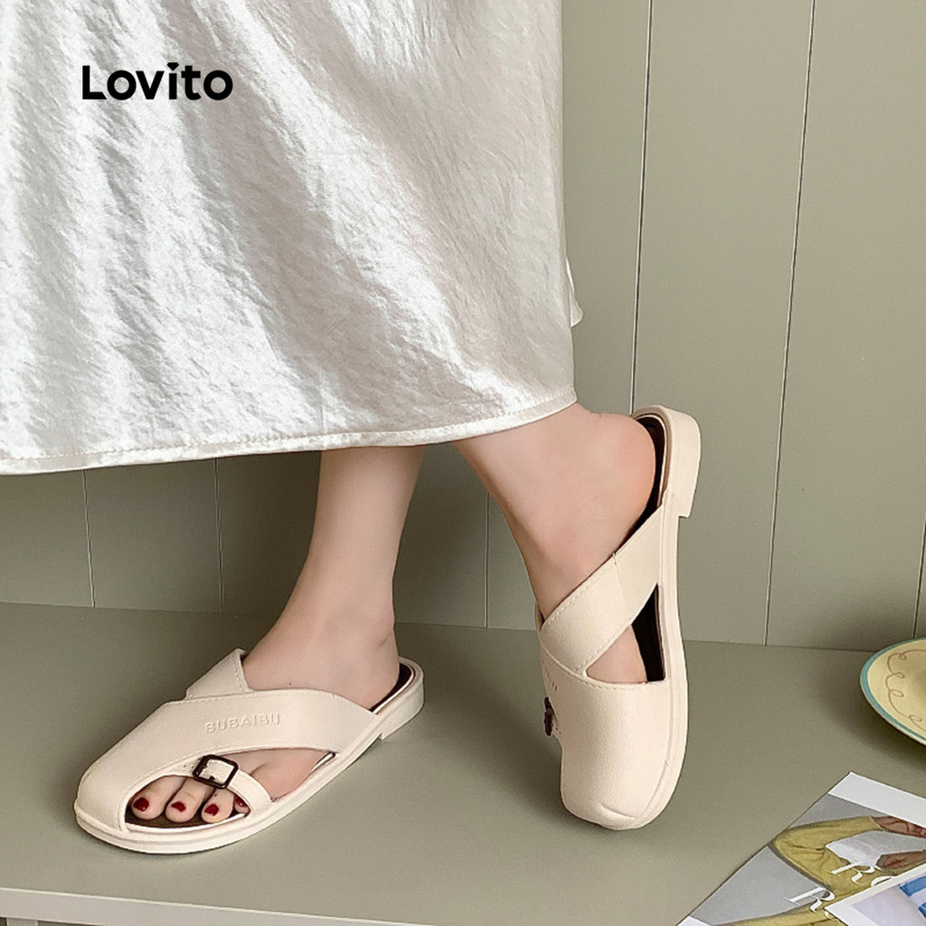 Lovito ไม่เป็นทางการ ธรรมดาเวอร์ชั่นเกาหลีรองเท้าแตะโรมันรูปทรงพิเศษวันหยุดสวมรองเท้าแตะส้นแบนสําหรั