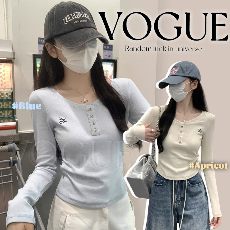Vogue🌟พร้อมส่ง🌟 เสื้อยืดแขนยาว คอกลม สีพาสเทล ยืดพอดีตัว (FY7824)