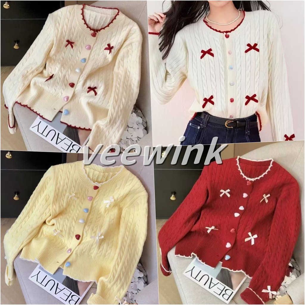 Veewink พร้อมส่งจากกทม เสื้อสเวตเตอร์คริสต์มาส เสื้อคาร์ดิแกนถักสไตล์เกาหลี ทรงสั้น น่ารัก กระชับเอว เนื้อผ้านุ่ม