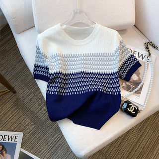 Knitted Tops for Women Contrast Striped Round Neck Short Sleeve Loose Fit Casual Comfort Korean Style Fashion Blouse