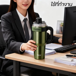 TKK แก้วน้ำสแตเลส ขนาด 1200ml ชั้นในเคลือบเซรามิก แก้วเก็บความเย็น เก็บความร้อน SUS 316 พร้มอหลอดดูด