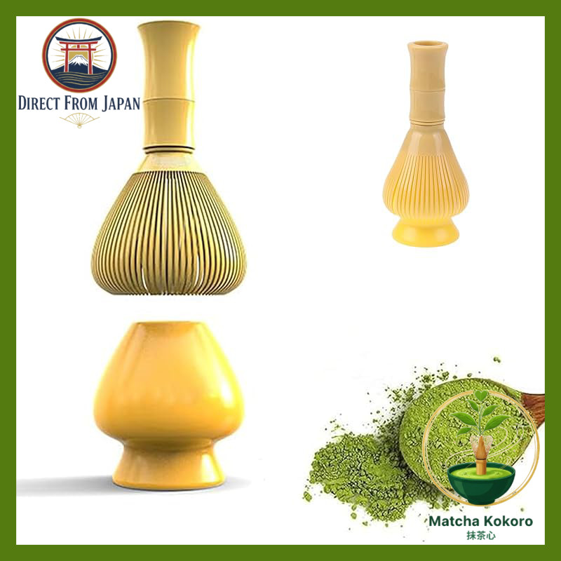 2-Piece Set of Matcha Whisk and Stand - ABS Plastic Matcha Tool for Tea Ceremony (Yellow)