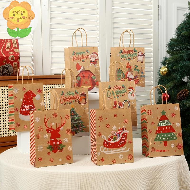 ท็อปแลน ถุงของขวัญคริสต์มาสขนาดเล็ก 4 แพ็ค, ต้นคริสต์มาสสีแดง, หมวกซานต้า, ถุงกระดาษคราฟท์แบบพกพา, ร้านเบเกอรี่ปาร์ตี้บรรจุภัณฑ์ของขวัญ ไทย