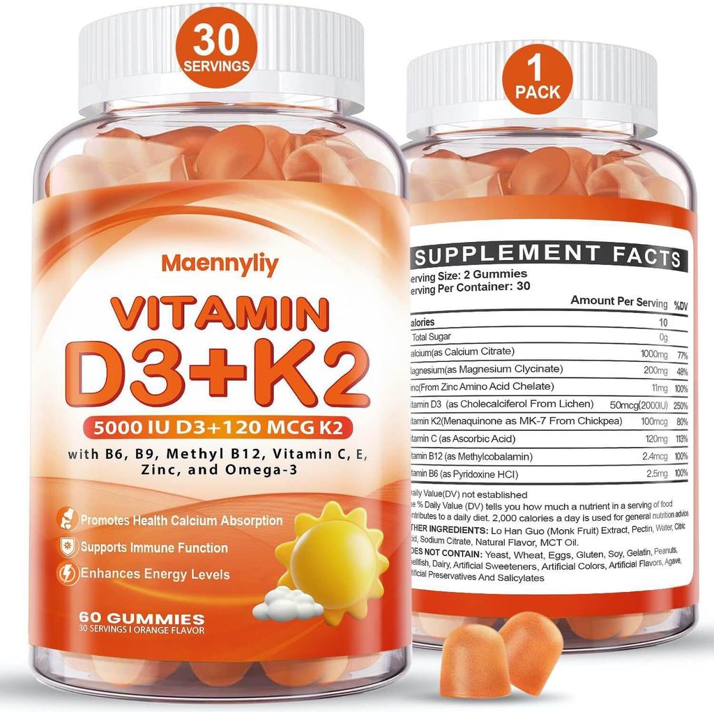วิตามิน D3 K2 Gummies สําหรับผู้ใหญ่ - วิตามิน D3 5000IU + K2 (MK-7) 120mcg - D3 และ K2pt พร้อม Omeg